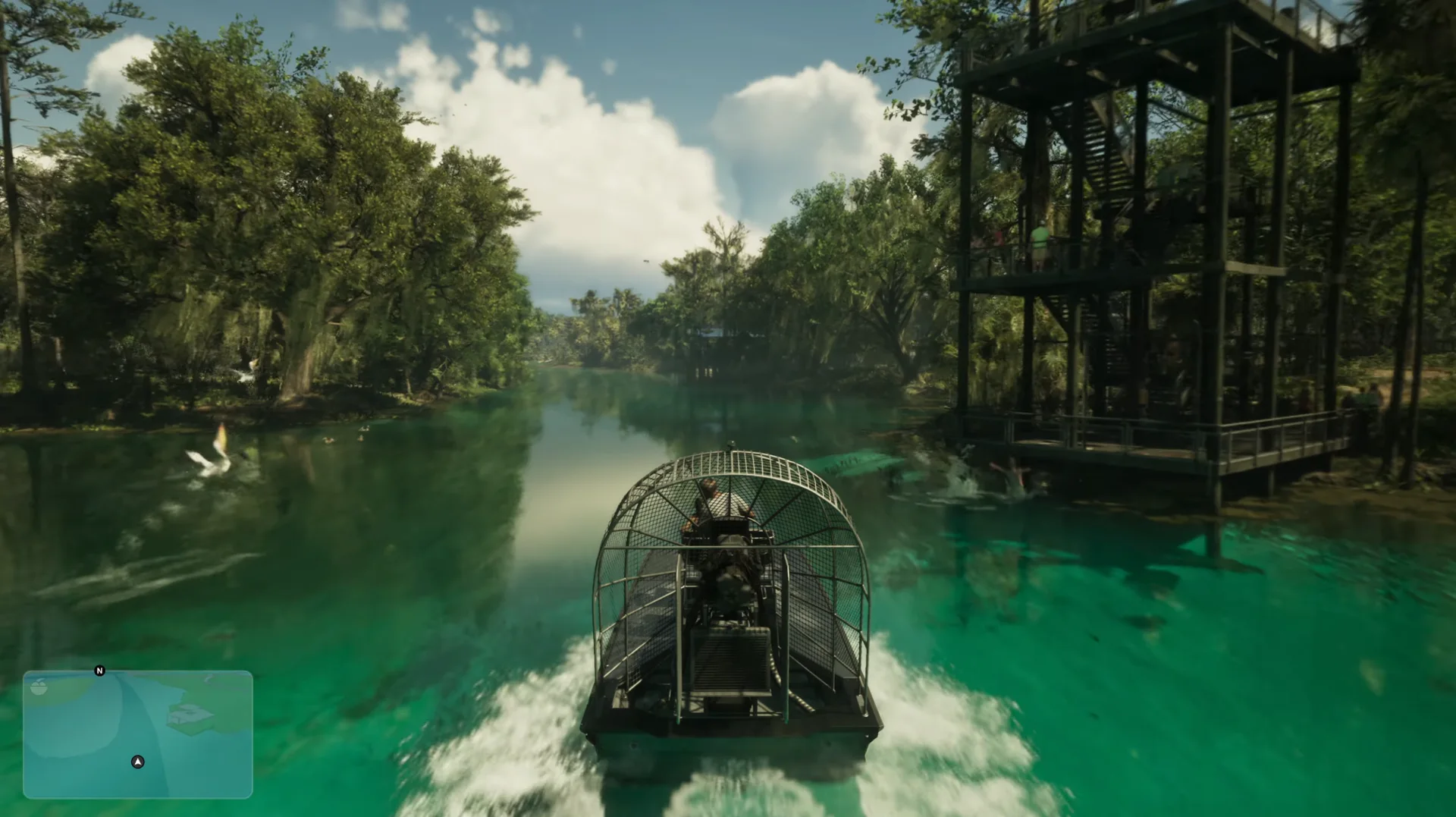 An airboat travels through bright green wetlands surrounded by trees and raised wooden structures in Grand Theft Auto VI.