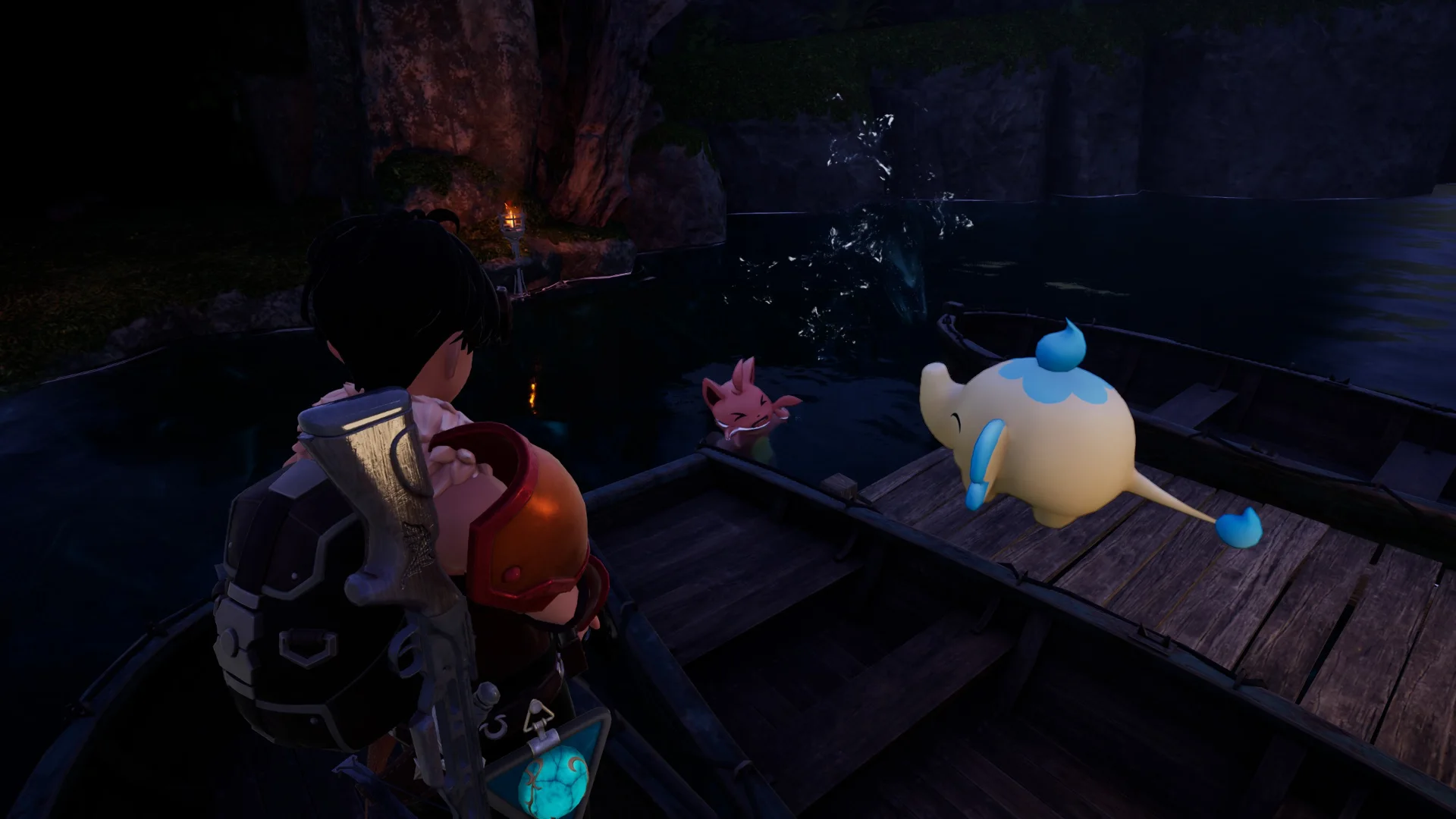 A player standing with two Pals beside wooden boats at night in Palworld.