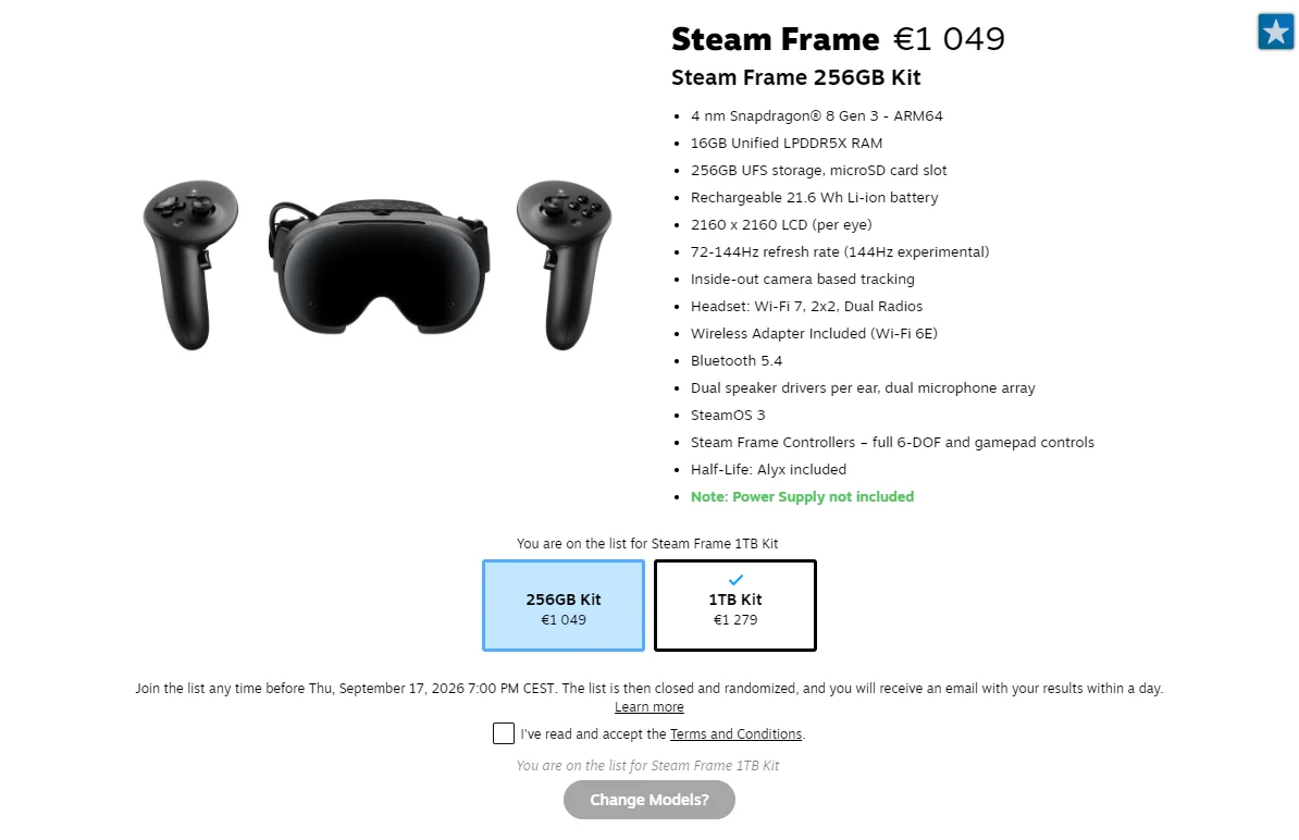 Steam Frame reservation page showing both model prices and confirmation of an entry on the 1TB list