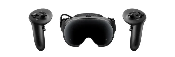 Steam Frame headset and two controllers on a white background