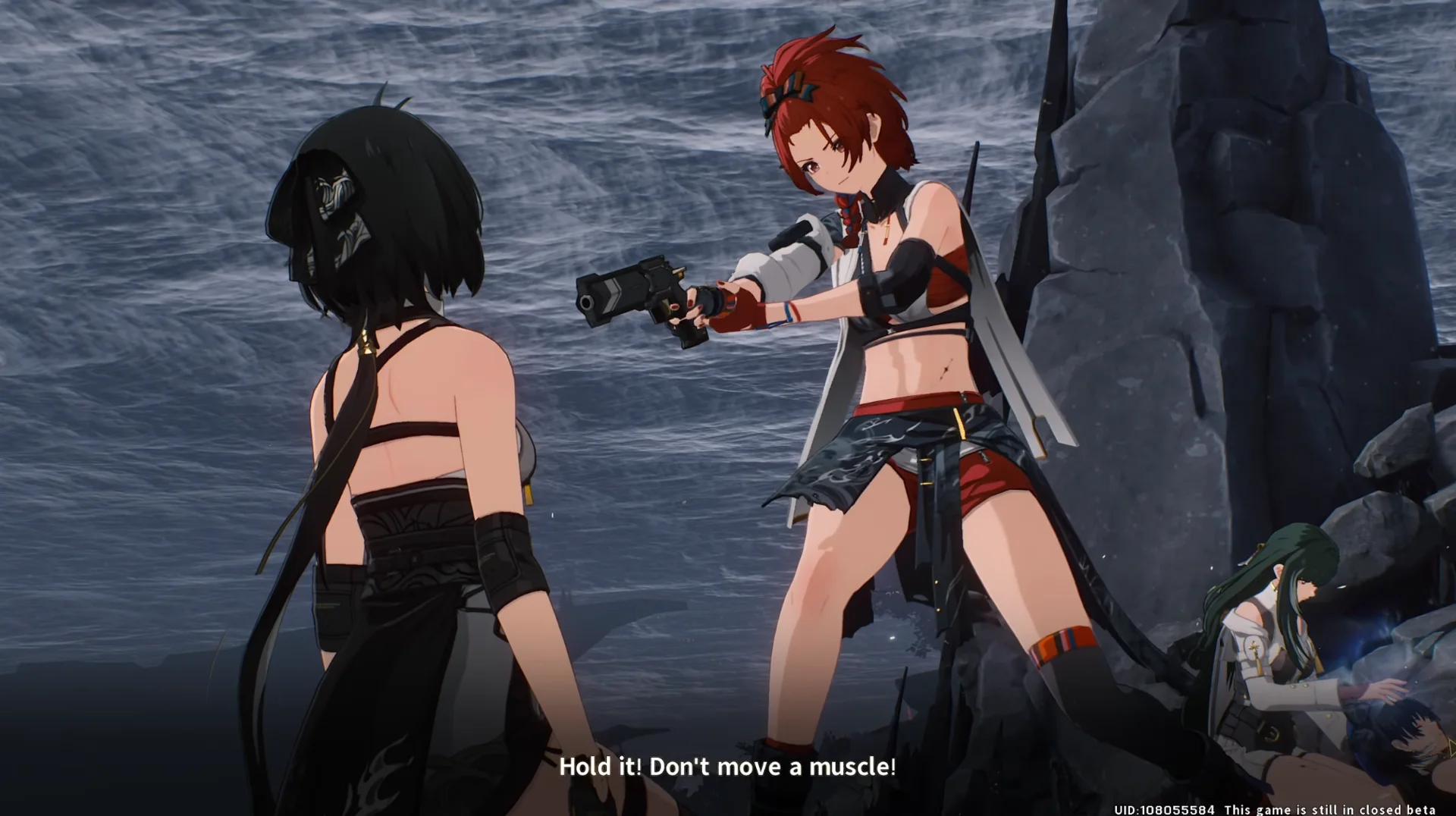 Chixia points a pistol at Rover after the first closed beta's Crownless encounter while Baizhi tends to Yangyang.