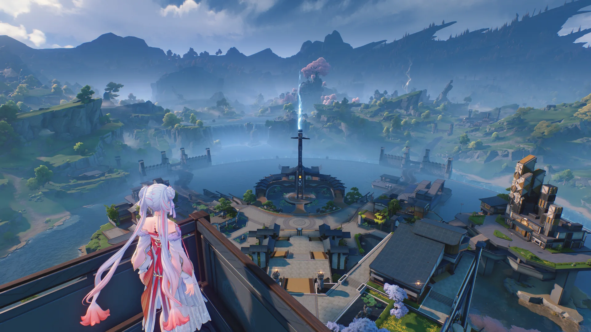 A Wuthering Waves character looks out across Jinzhou from a high balcony in daylight, with the glowing Resonance Nexus in the center of the city.
