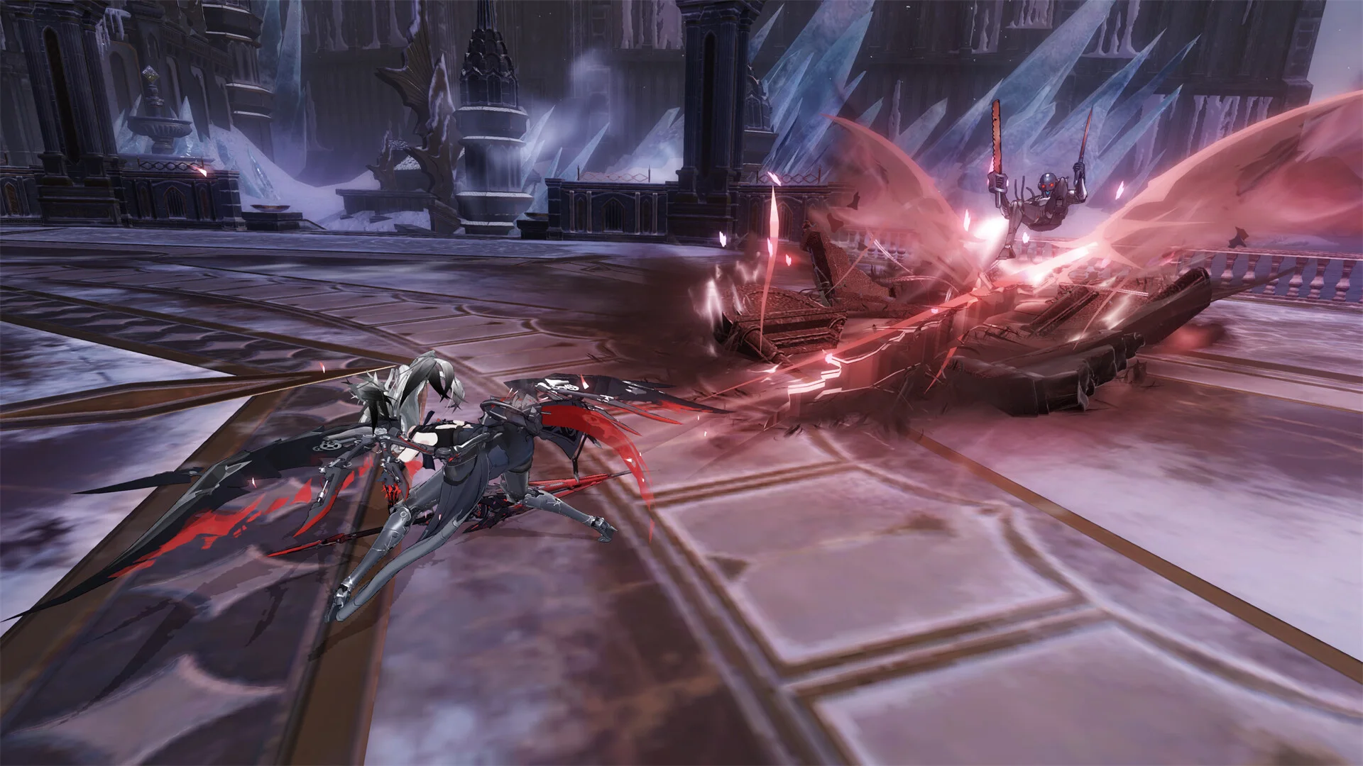 A Punishing: Gray Raven character attacks a mechanical enemy in a large frozen 3D arena.
