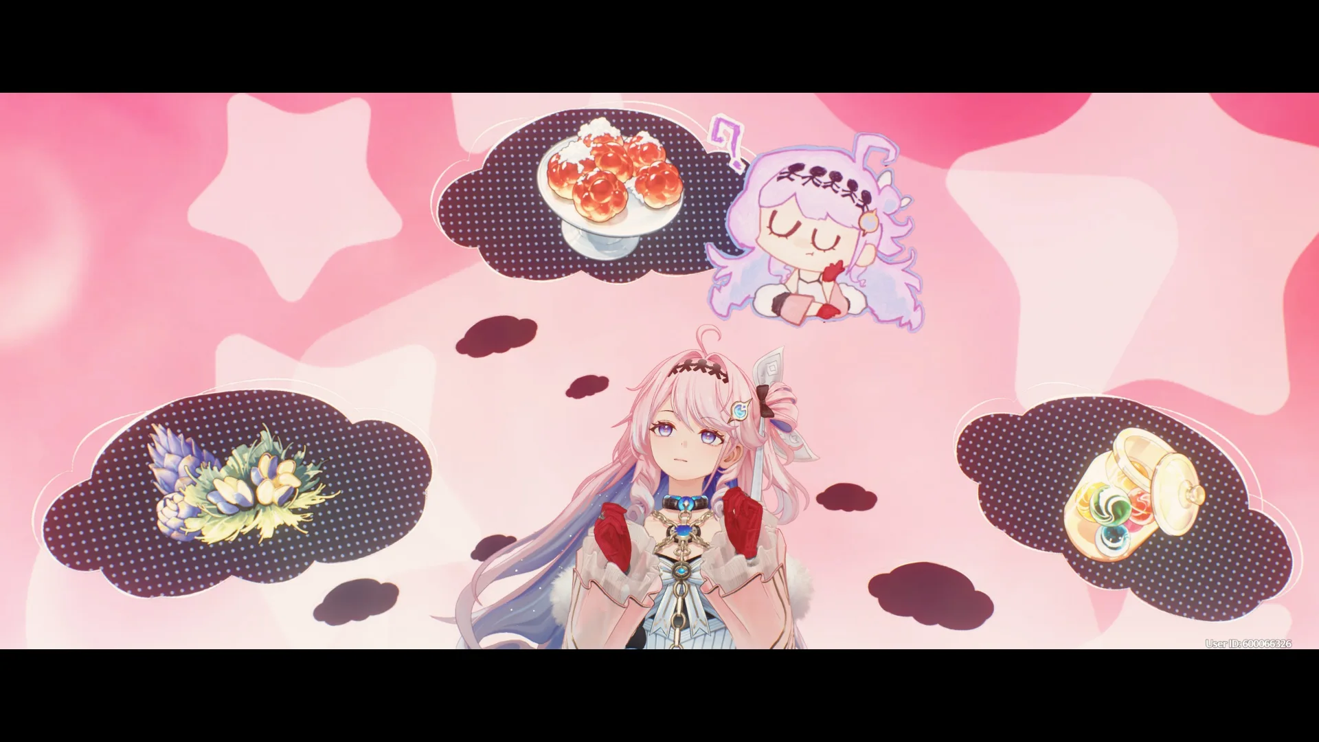 A pink-haired Wuthering Waves character stands against a stylized pink background surrounded by illustrated thought bubbles showing food and flowers.