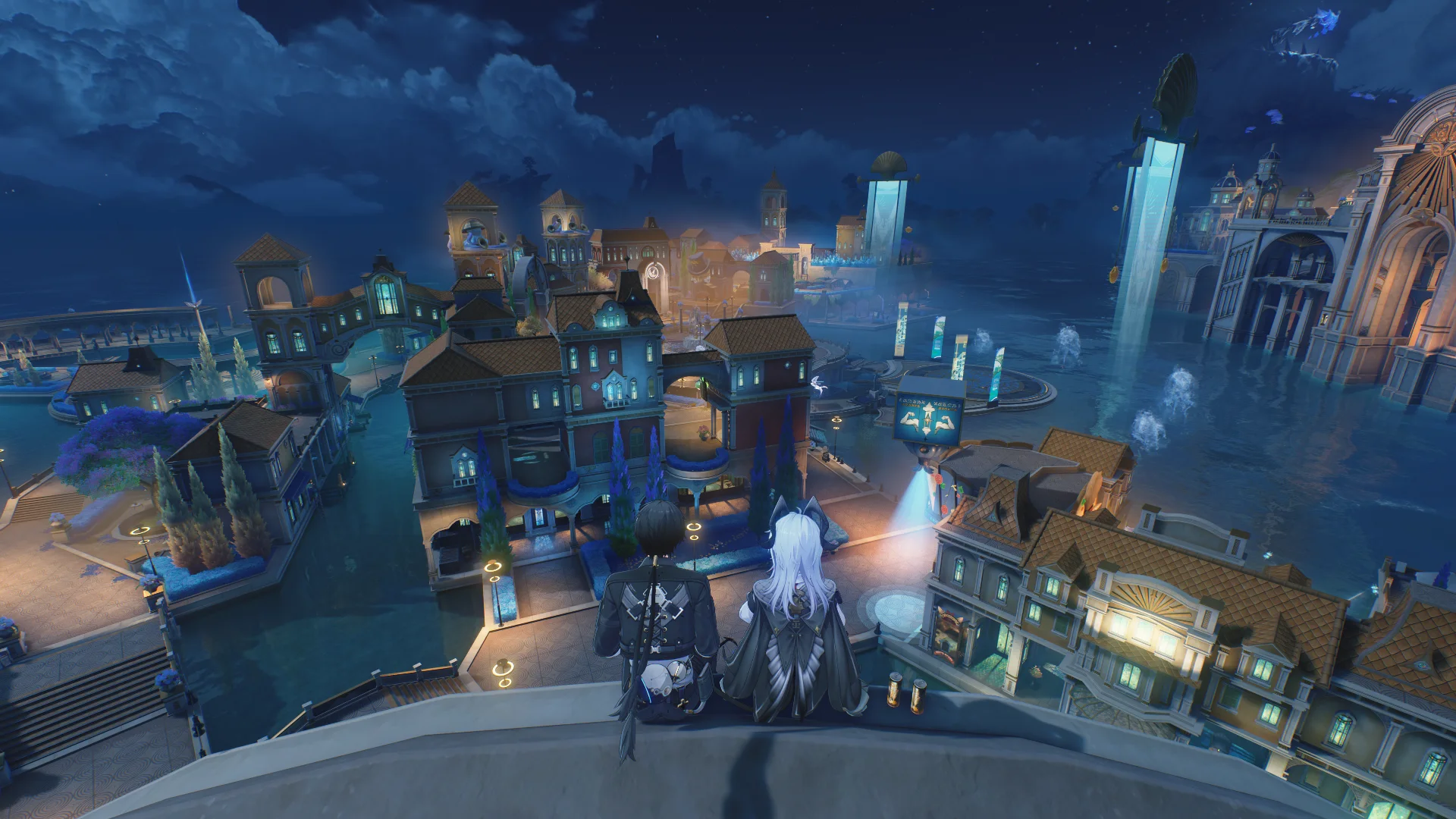 Two Wuthering Waves characters sit together above a brightly lit canal city in Rinascita at night.