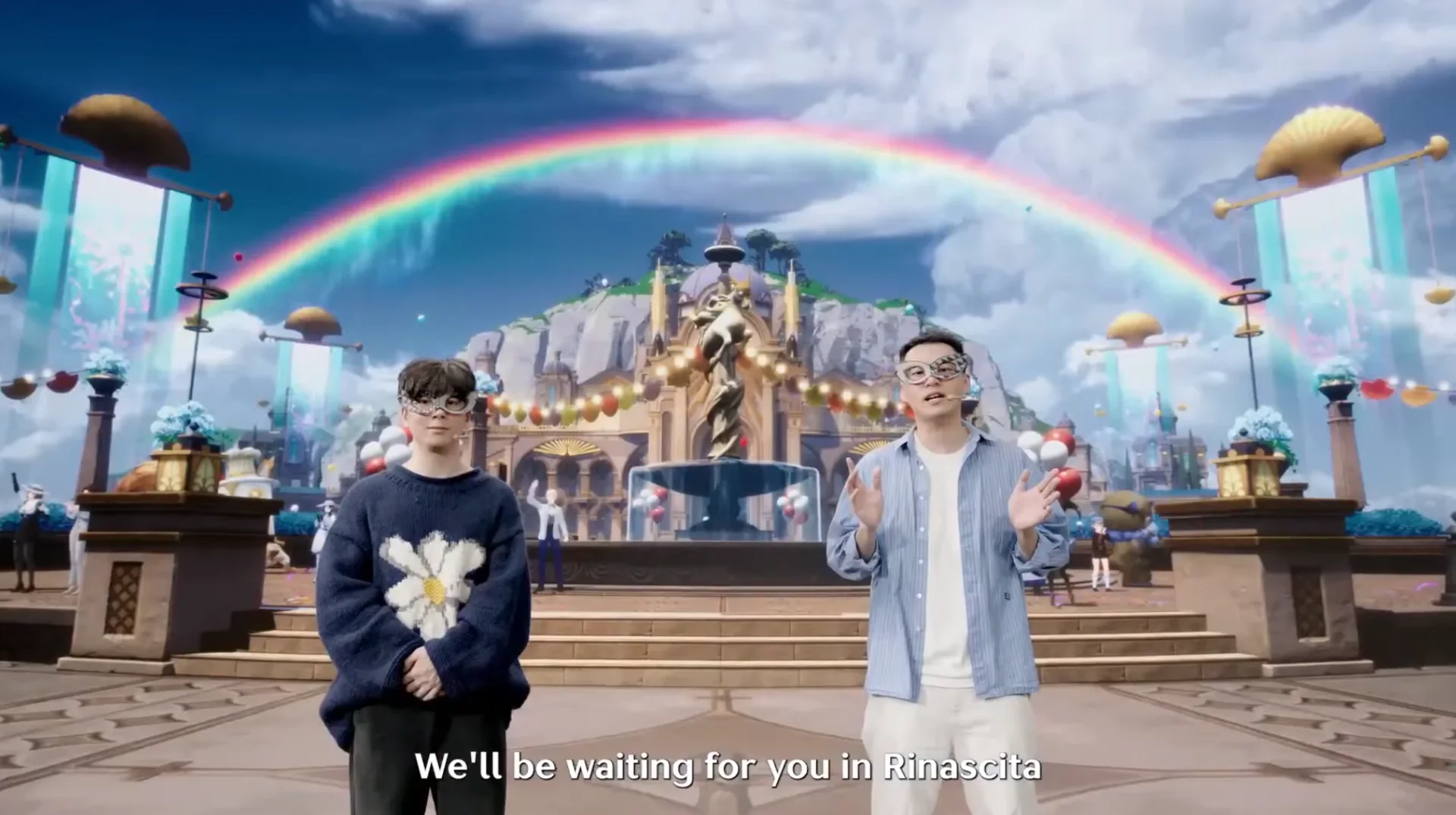 Two Kuro Games developers wear masquerade masks in front of a colourful Wuthering Waves Rinascita scene with a rainbow.