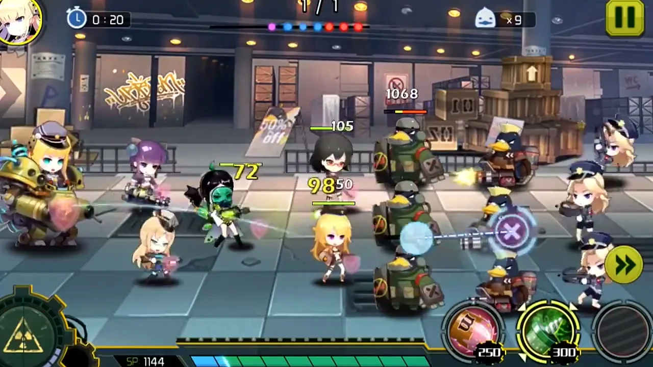 A Twin Tail Battleground battle shows chibi characters fighting armored duck soldiers while damage numbers and ability controls fill the screen.