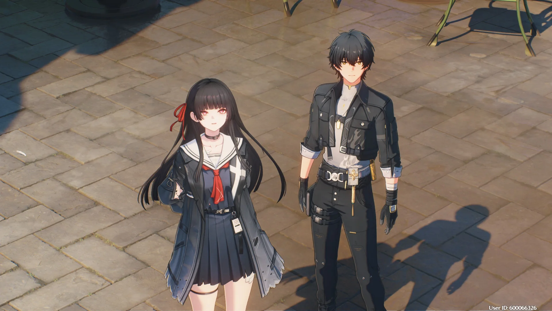 Two Wuthering Waves characters look up toward the camera while standing together in a sunlit stone plaza.