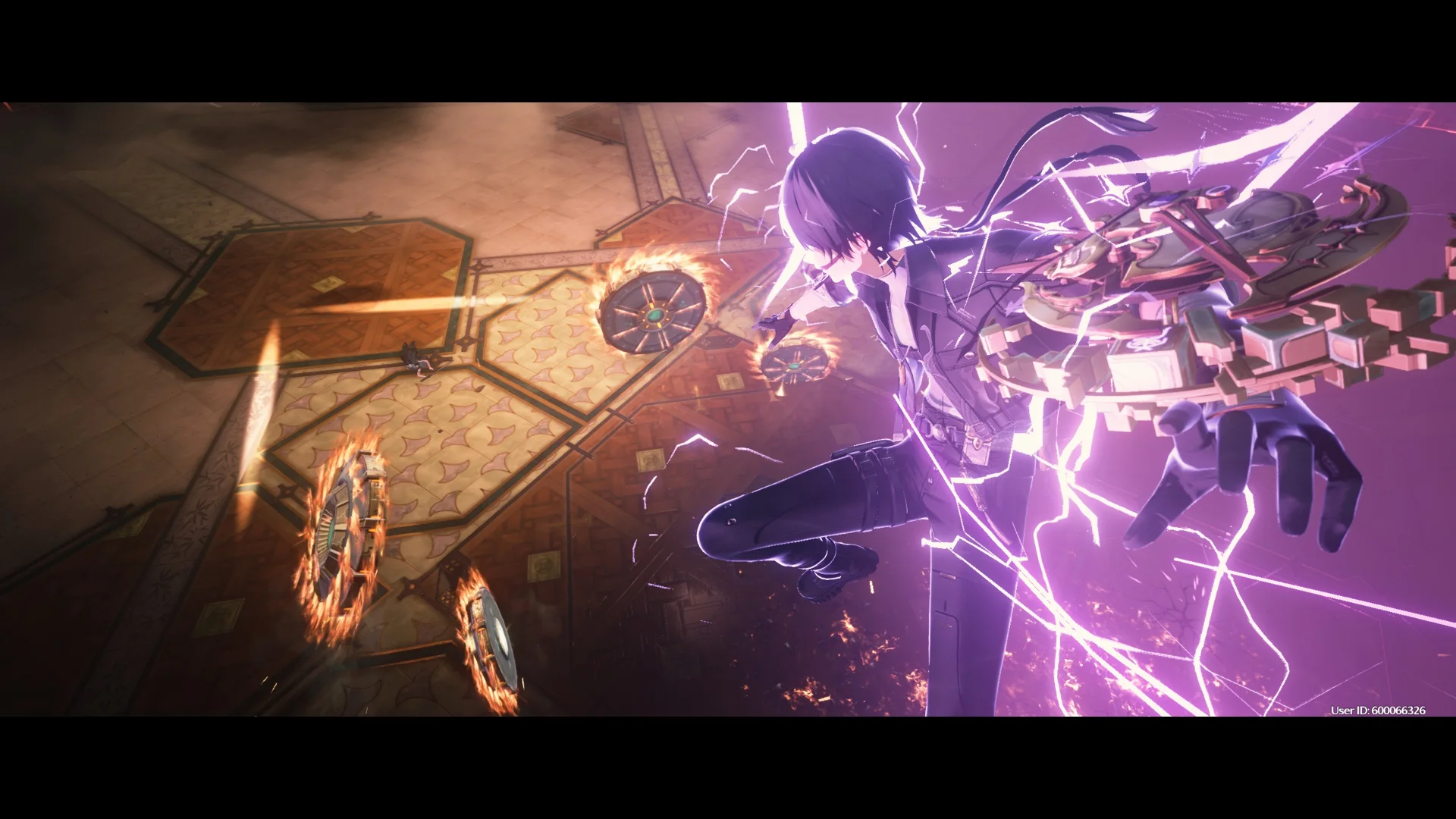 A Wuthering Waves character attacks amid purple lightning while flaming circular projectiles surround an enemy.